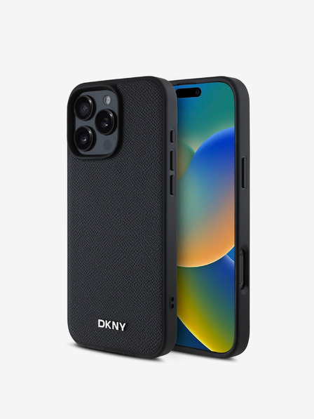 DKNY DKNY PU bőr ezüst fém logós Magsafe hátlap iPhone 16 Pro fekete iPhone 16 Pro Max Maxhoz