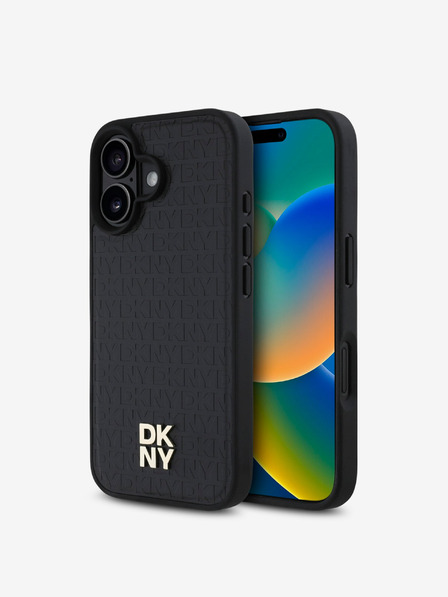 DKNY DKNY PU bőr ismétlődő mintás Stack Logo MagSafe hátlap iPhone 16 Plus-hoz Fekete