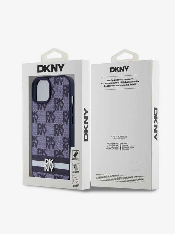 DKNY DKNY PU-bőrből készült kockás mintás és csíkos hátlap iPhone 15 készülékhez Kék
