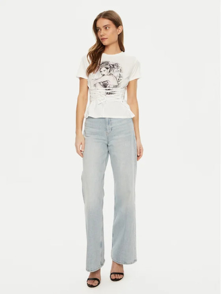 Guess Jeans Fehér Eco Duchess grafikus fűzős Guess farmer női póló