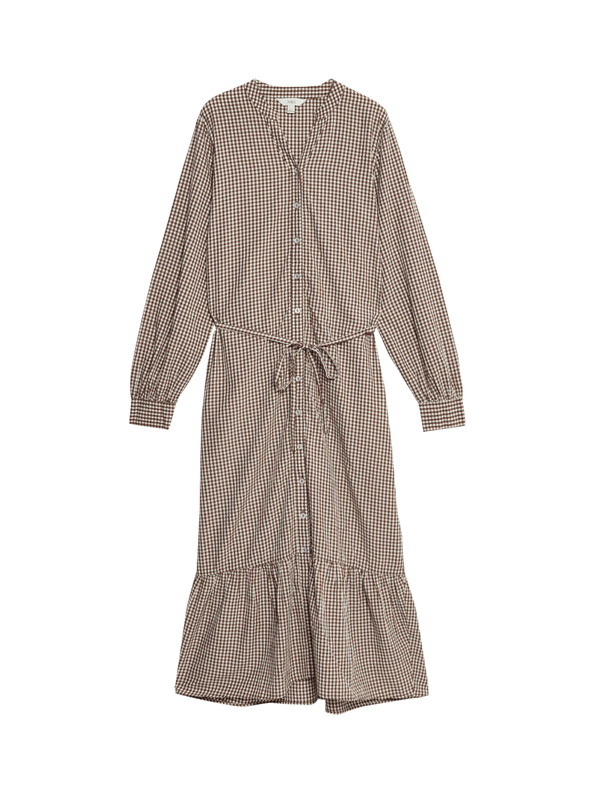 Marks & Spencer Kockás midi ruha elülső gombokkal, magas modal tartalommal Marks & Spencer - barna