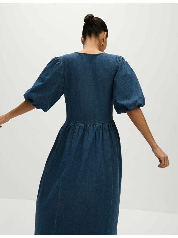 Marks & Spencer Farmer midi ruha V-nyakkivágással, megkötővel és kiemelt derékkal Marks & Spencer - tengerkék