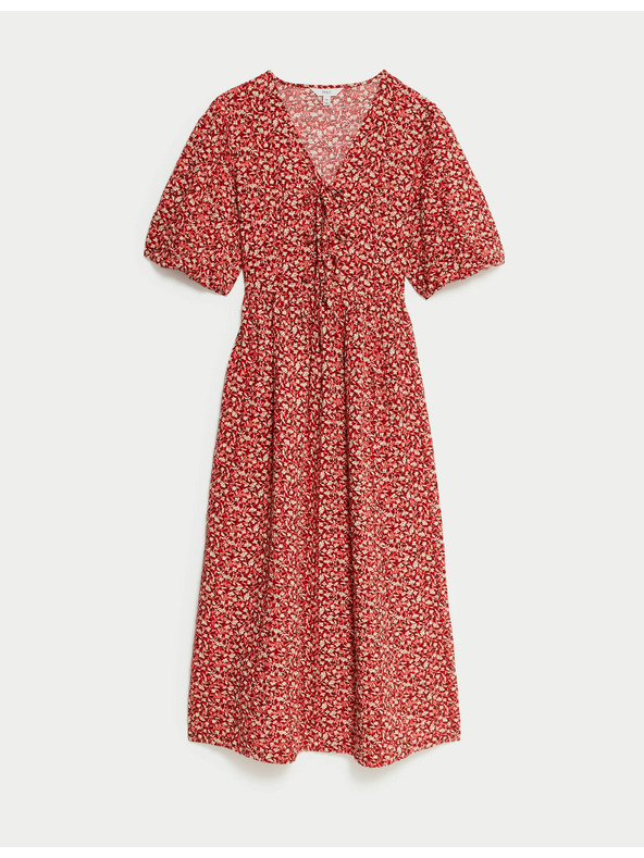 Marks & Spencer Virágos midi ruha V-nyakkal és hangsúlyos derékkal, magas pamutból Marks & Spencer piros