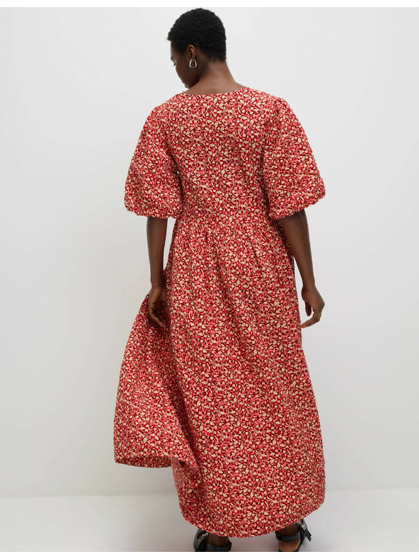 Marks & Spencer Virágos midi ruha V-nyakkal és hangsúlyos derékkal, magas pamutból Marks & Spencer piros