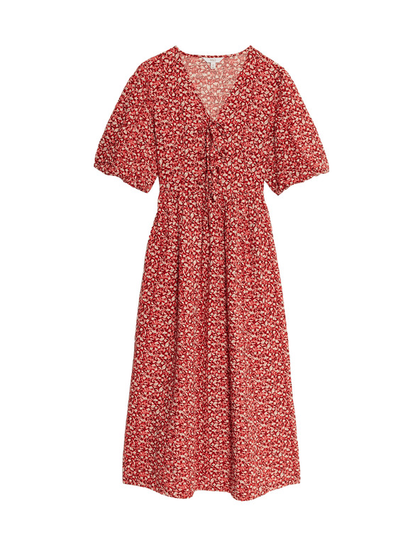 Marks & Spencer Virágos midi ruha V-nyakkal és hangsúlyos derékkal, magas pamutból Marks & Spencer piros