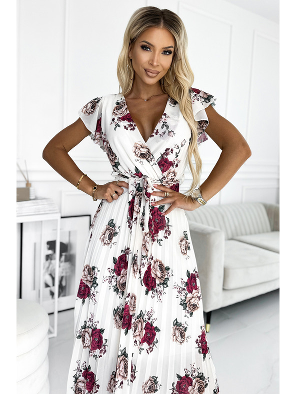 numoco Pliszírozott midi ruha dekoltázzsal és fodrokkal - sötét vörös rózsák