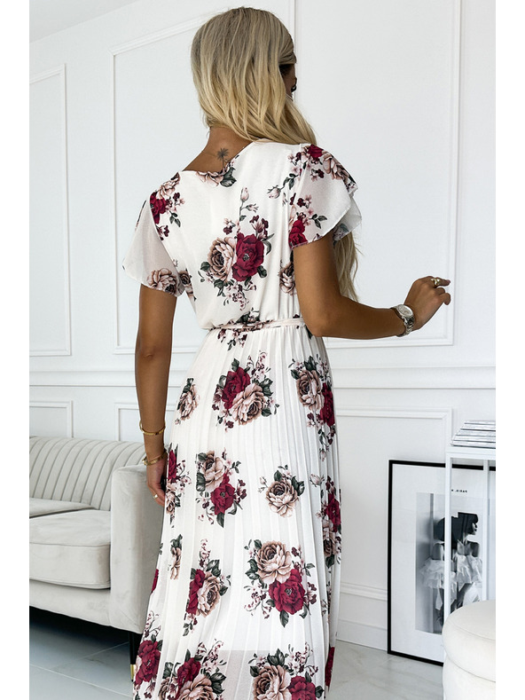 numoco Pliszírozott midi ruha dekoltázzsal és fodrokkal - sötét vörös rózsák