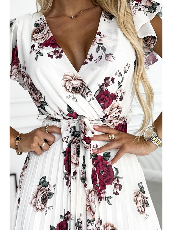 numoco Pliszírozott midi ruha dekoltázzsal és fodrokkal - sötét vörös rózsák