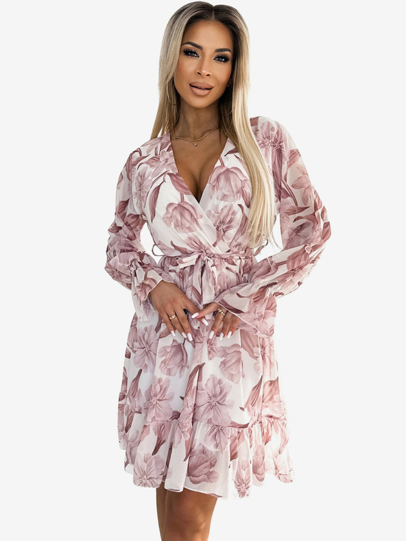 numoco Sifon ruha nyakkivágással, fodrokkal és övvel - bézs virágok Numoco