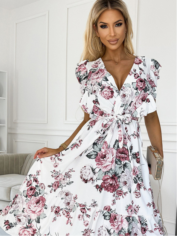 numoco Ruha fodros, nyakkivágással és nyakkendővel - fehér, bordó rózsákkal Numoco GABRIELLA