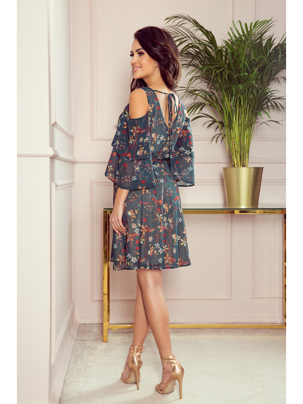 numoco Zöld női virágos ruha nyakkivágással Numoco