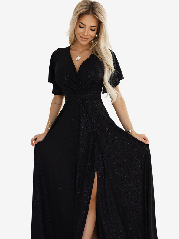 numoco Fekete női fényes, hosszú ujjú, nyakkivágású, hosszú ruha Numoco