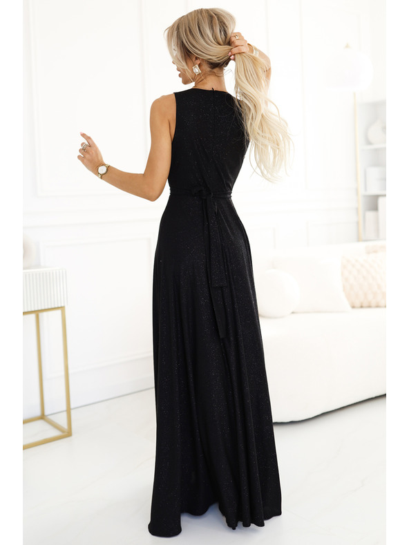 numoco Fekete női hosszú szatén ruha nyakkivágással és hasítékkal Numoco