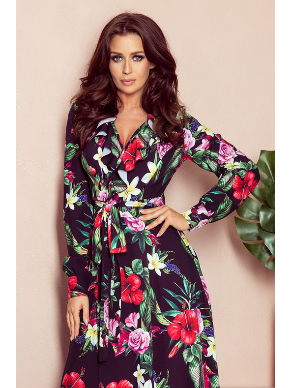 numoco Fekete női hosszú virágos ruha fodros nyakkivágással Numoco