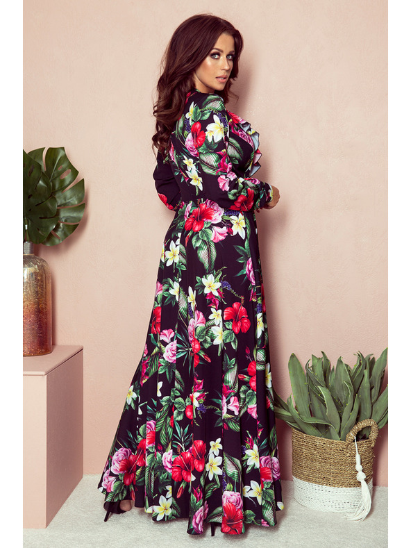 numoco Fekete női hosszú virágos ruha fodros nyakkivágással Numoco