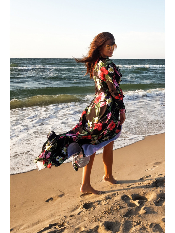 numoco Fekete női hosszú virágos ruha fodros nyakkivágással Numoco