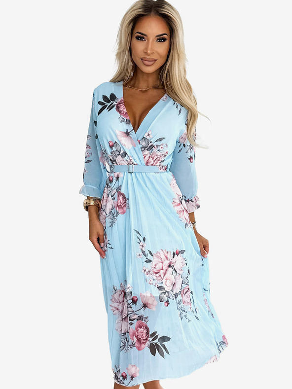 numoco Fodros midi ruha dekoltázzsal és övvel - rózsa kék alapon Numoco YUNA