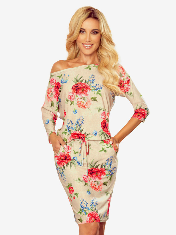 numoco Sportos ruha zsebekkel - Bézs vászon + piros virágok Numoco