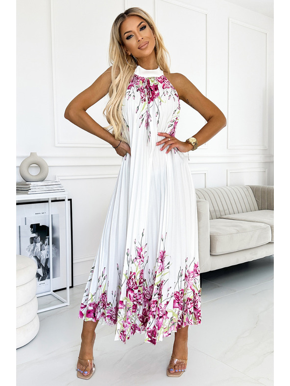 numoco Hajtogatott szatén maxiruha - fehér, rózsaszín virágokkal Numoco ESTER