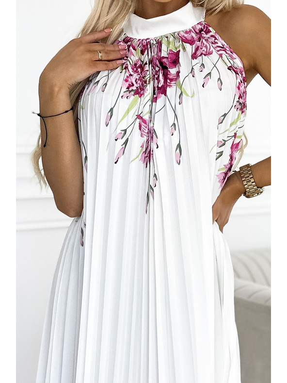 numoco Hajtogatott szatén maxiruha - fehér, rózsaszín virágokkal Numoco ESTER