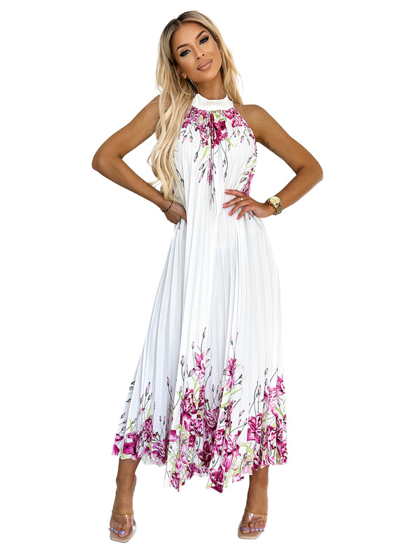 numoco Hajtogatott szatén maxiruha - fehér, rózsaszín virágokkal Numoco ESTER