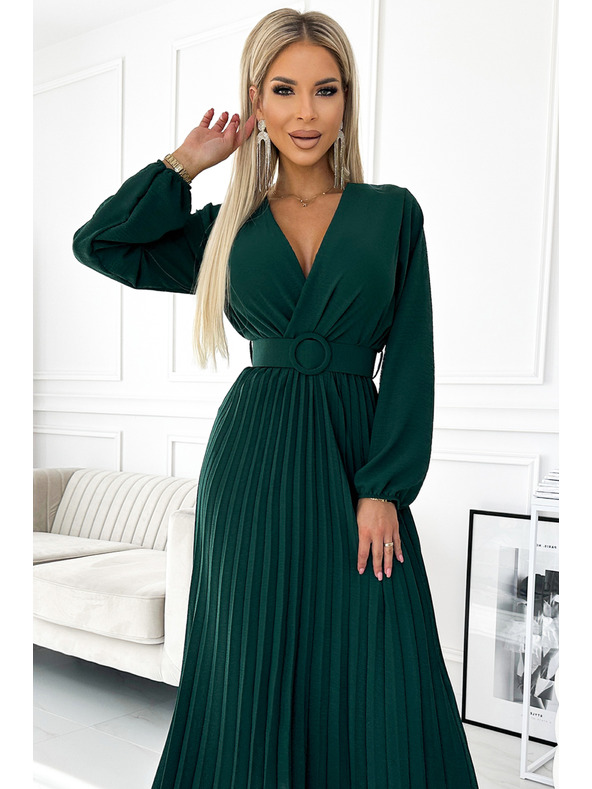 numoco VIVIANA Fodros midi ruha lapos nyakkivágással, hosszú ujjakkal és széles övvel - zöld Numoco