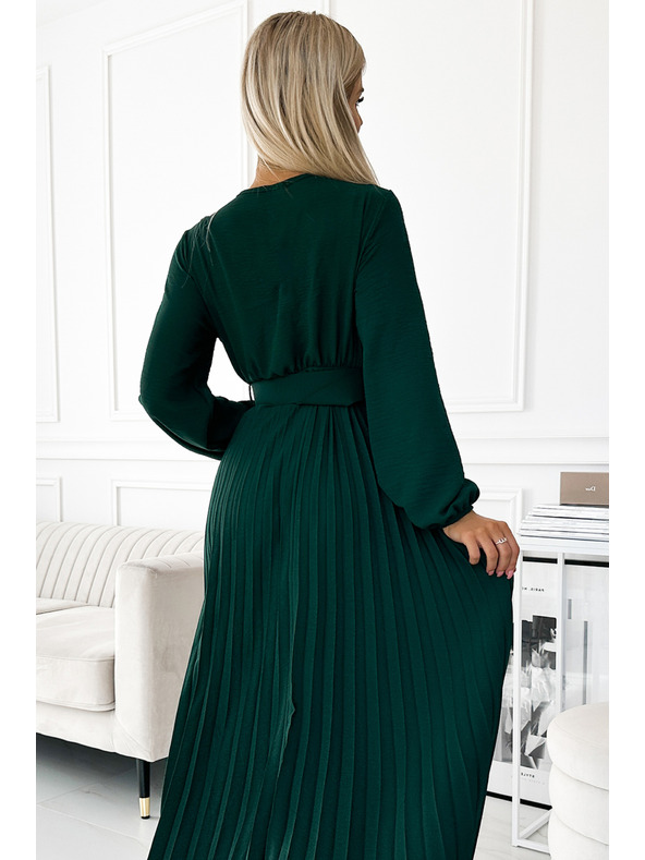 numoco VIVIANA Fodros midi ruha lapos nyakkivágással, hosszú ujjakkal és széles övvel - zöld Numoco