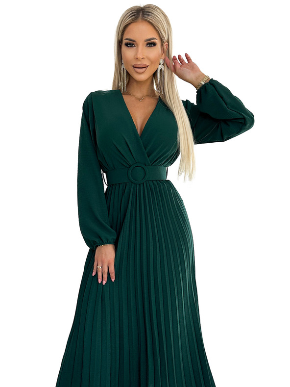 numoco VIVIANA Fodros midi ruha lapos nyakkivágással, hosszú ujjakkal és széles övvel - zöld Numoco