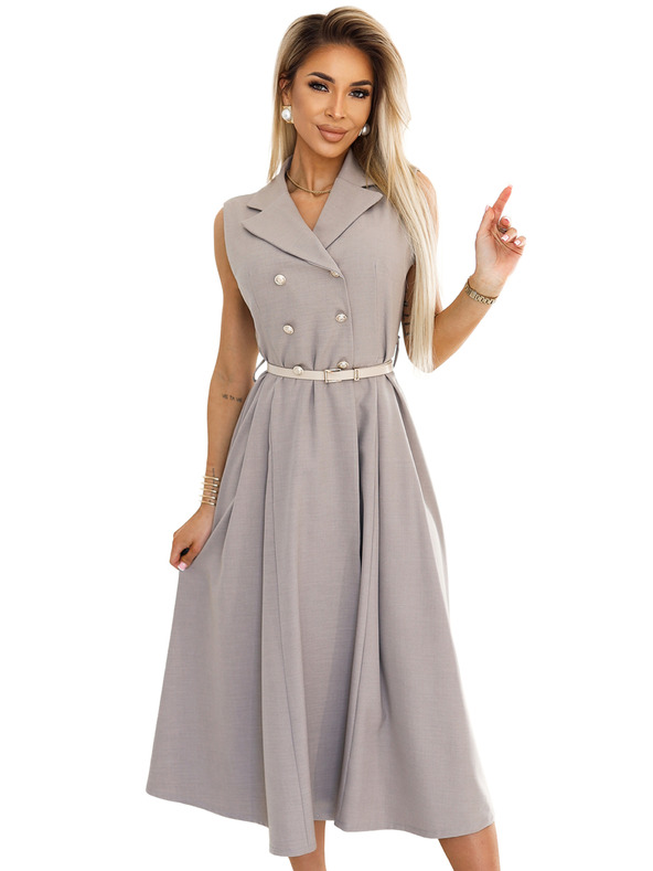 numoco Elegáns midi ingruha arany gombokkal és övvel - szürkésbarna színben