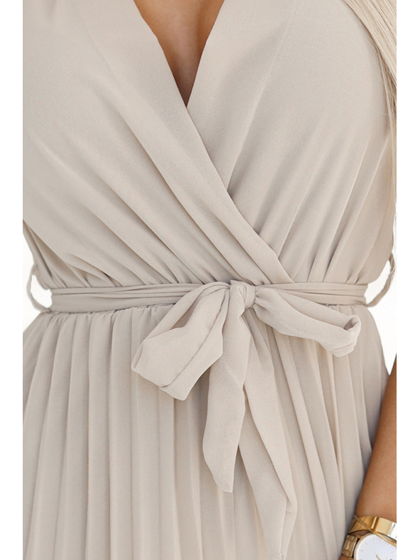 numoco Bézs női sifon fodros nyakkivágású ruha Numoco