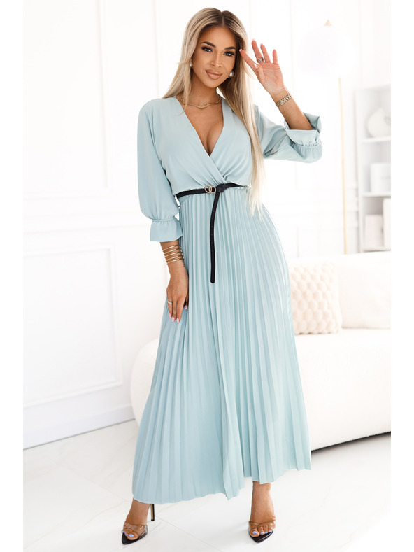 numoco Plasztikázott maxiruha nyakkivágással, övvel és 3/4 ujjal - Pasztell zsálya