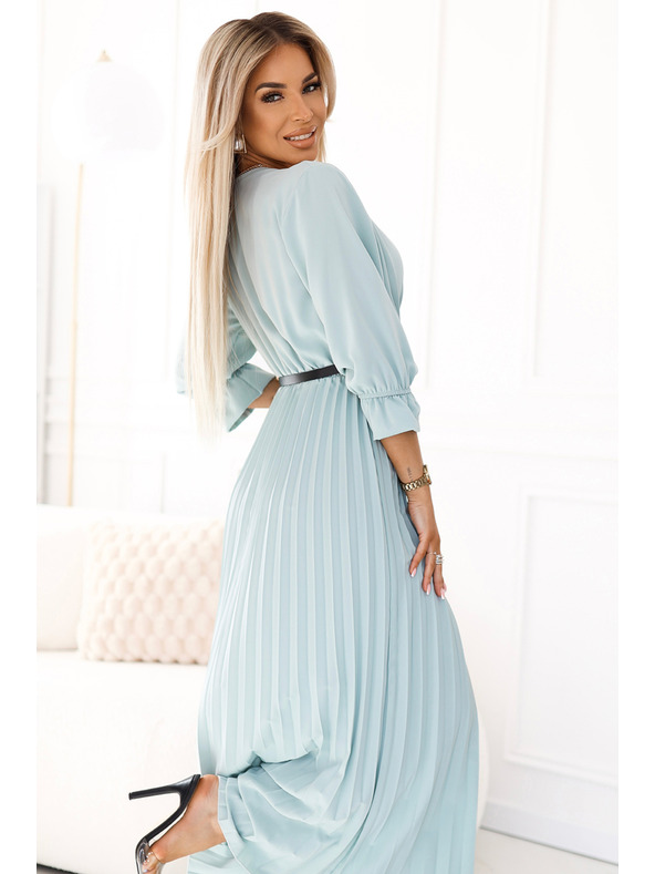 numoco Plasztikázott maxiruha nyakkivágással, övvel és 3/4 ujjal - Pasztell zsálya