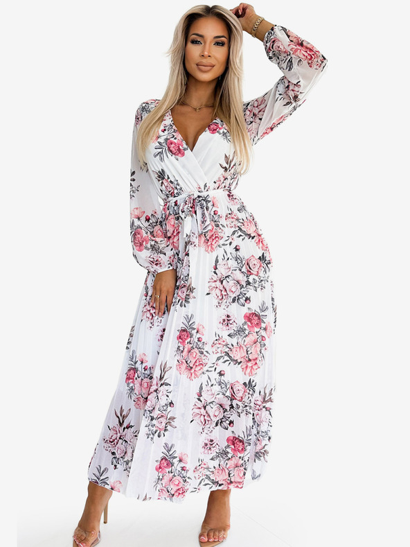 numoco Fodros midi ruha szív alakú nyakkivágással, hosszú ujjakkal és övvel - fehér, piros rózsákkal Numoco GEPPI