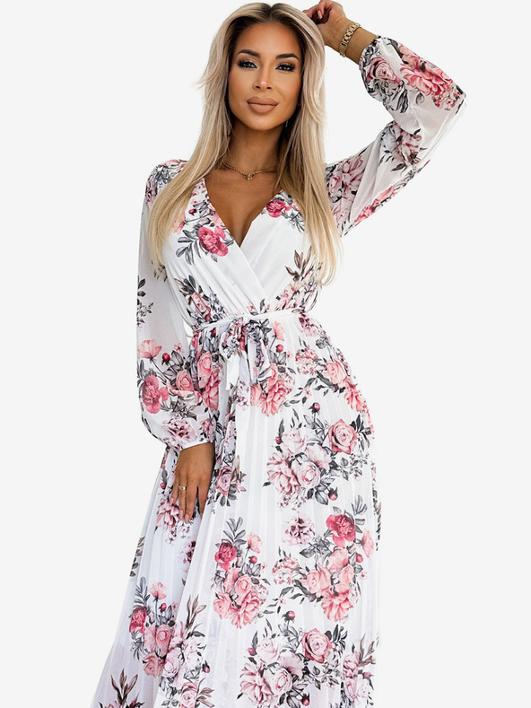 numoco Fodros midi ruha szív alakú nyakkivágással, hosszú ujjakkal és övvel - fehér, piros rózsákkal Numoco GEPPI