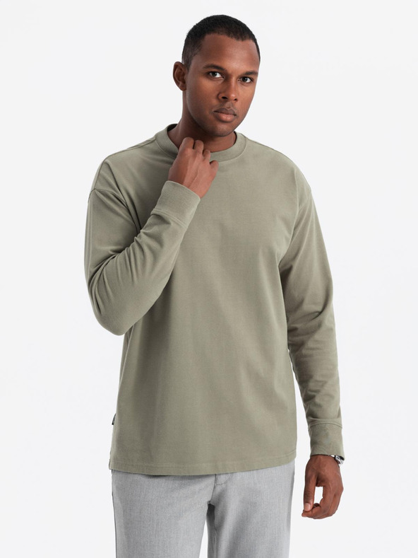 Ombre Clothing Férfi pamut LOOSE FIT hosszú ujjú, kerek nyakú póló - khaki V4 OM-LSBC-0129 Ombre Ruházat