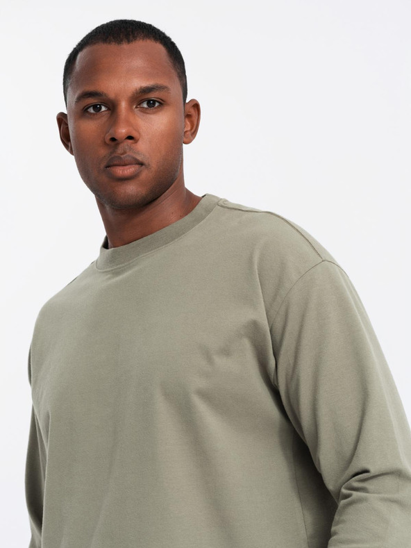 Ombre Clothing Férfi pamut LOOSE FIT hosszú ujjú, kerek nyakú póló - khaki V4 OM-LSBC-0129 Ombre Ruházat