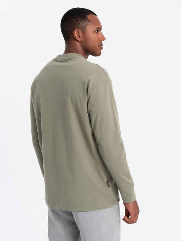 Ombre Clothing Férfi pamut LOOSE FIT hosszú ujjú, kerek nyakú póló - khaki V4 OM-LSBC-0129 Ombre Ruházat