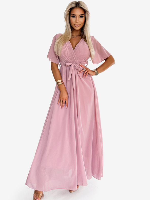numoco Hosszú ruha redős nyakkivágással és nyakkendővel - púderrózsaszín Numoco