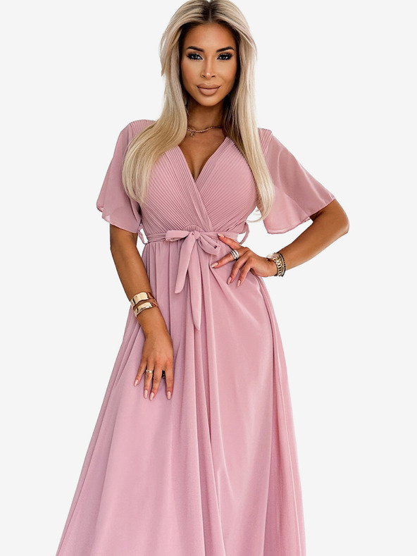 numoco Hosszú ruha redős nyakkivágással és nyakkendővel - púderrózsaszín Numoco