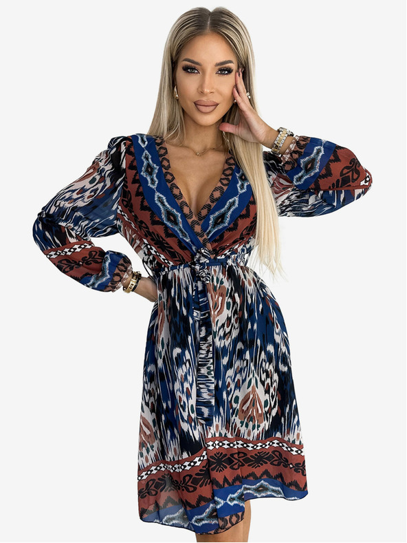 numoco Hosszú ujjú sifon ruha nyakkivágással és hosszú ujjakkal - indiai mintával Numoco