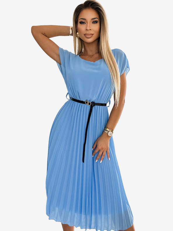 numoco Fodros midi ruha fekete övvel - világoskék Numoco