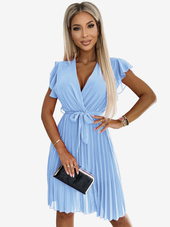 numoco Fodros dekoltázsú sifon redős ruha - világoskék numoco