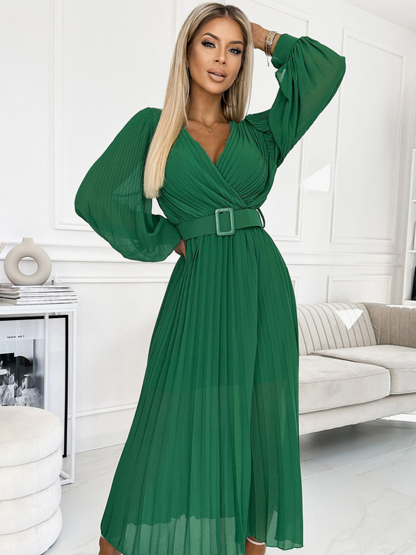 numoco 414-3 KLARA redős ruha övvel és dekoltázzsal - zöld