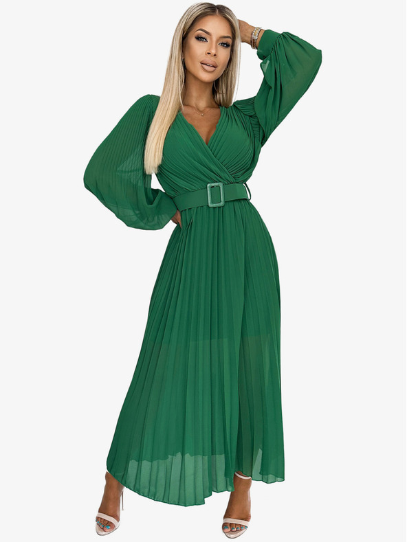 numoco 414-3 KLARA redős ruha övvel és dekoltázzsal - zöld