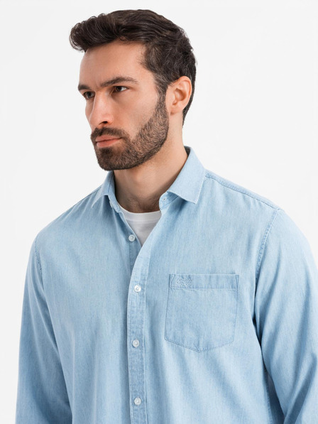 Ombre Clothing Férfi hímzett farmer ing zsebbel - világoskék Ombre Ruházat