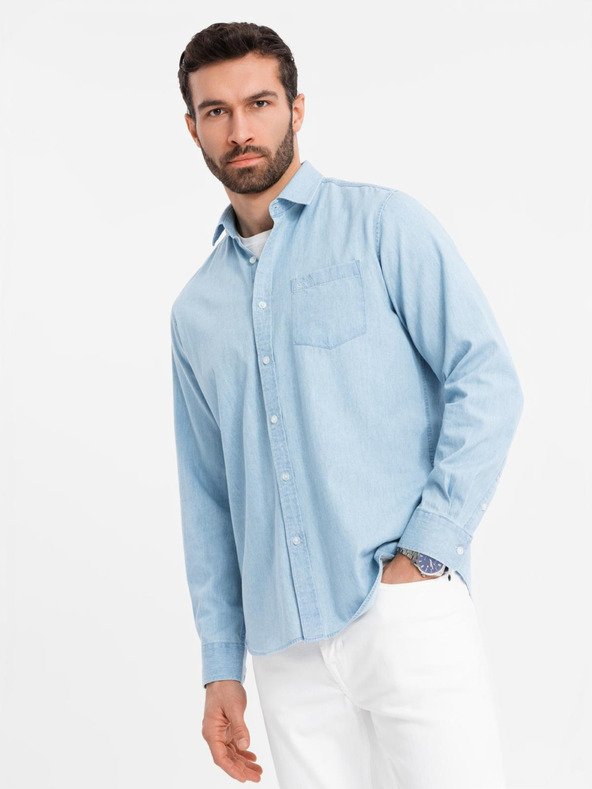 Ombre Clothing Férfi hímzett farmer ing zsebbel - világoskék Ombre Ruházat