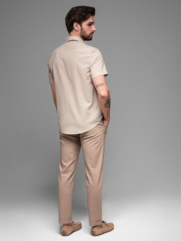 Ombre Clothing Férfi rövid ujjú ing kubai gallérral bézs Ombre Ruházat