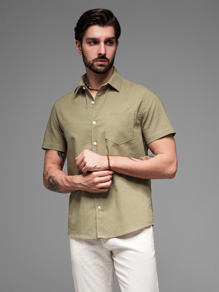 Ombre Clothing Férfi rövid ujjú ing kubai gallérral khaki Ombre Ruházat