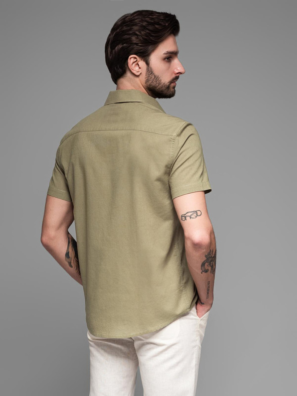 Ombre Clothing Férfi rövid ujjú ing kubai gallérral khaki Ombre Ruházat