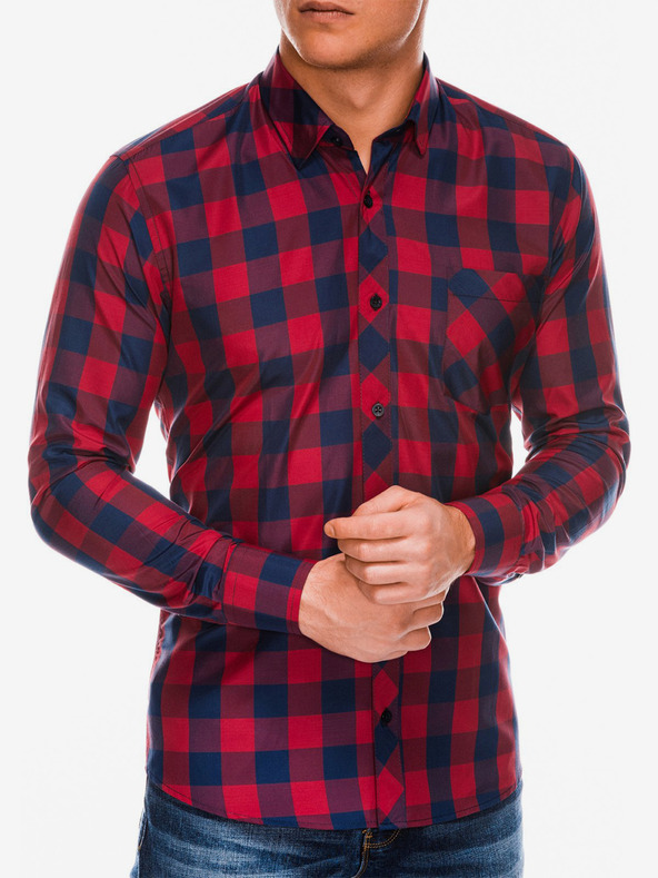 Ombre Clothing K282 férfi kockás hosszú ujjú ing - piros/tengerészkék